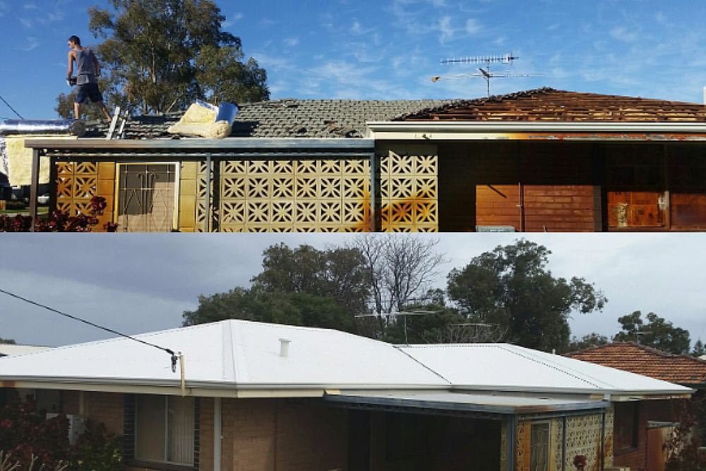 Split image of old house elevation showing old tile roof before and new Colorbond roof after with solar panels attached