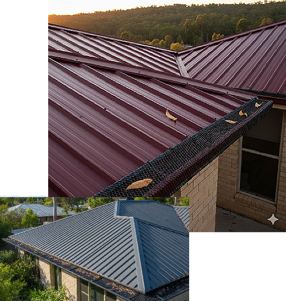 Red Colorbond roof shot, showing gutter guard on side of house, attached to roof