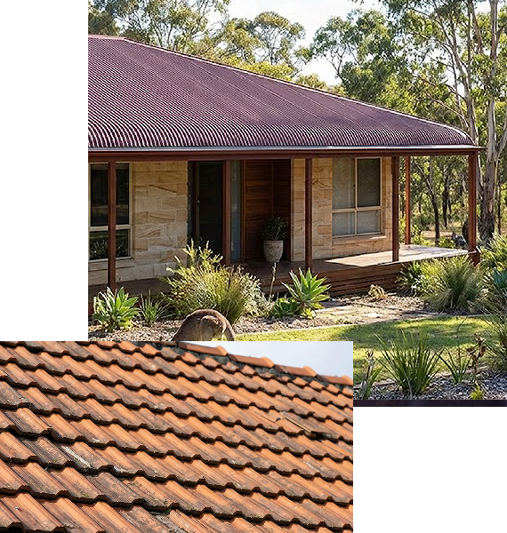 Red Colorbond roof shot, showing gutter guard on side of house, attached to roof